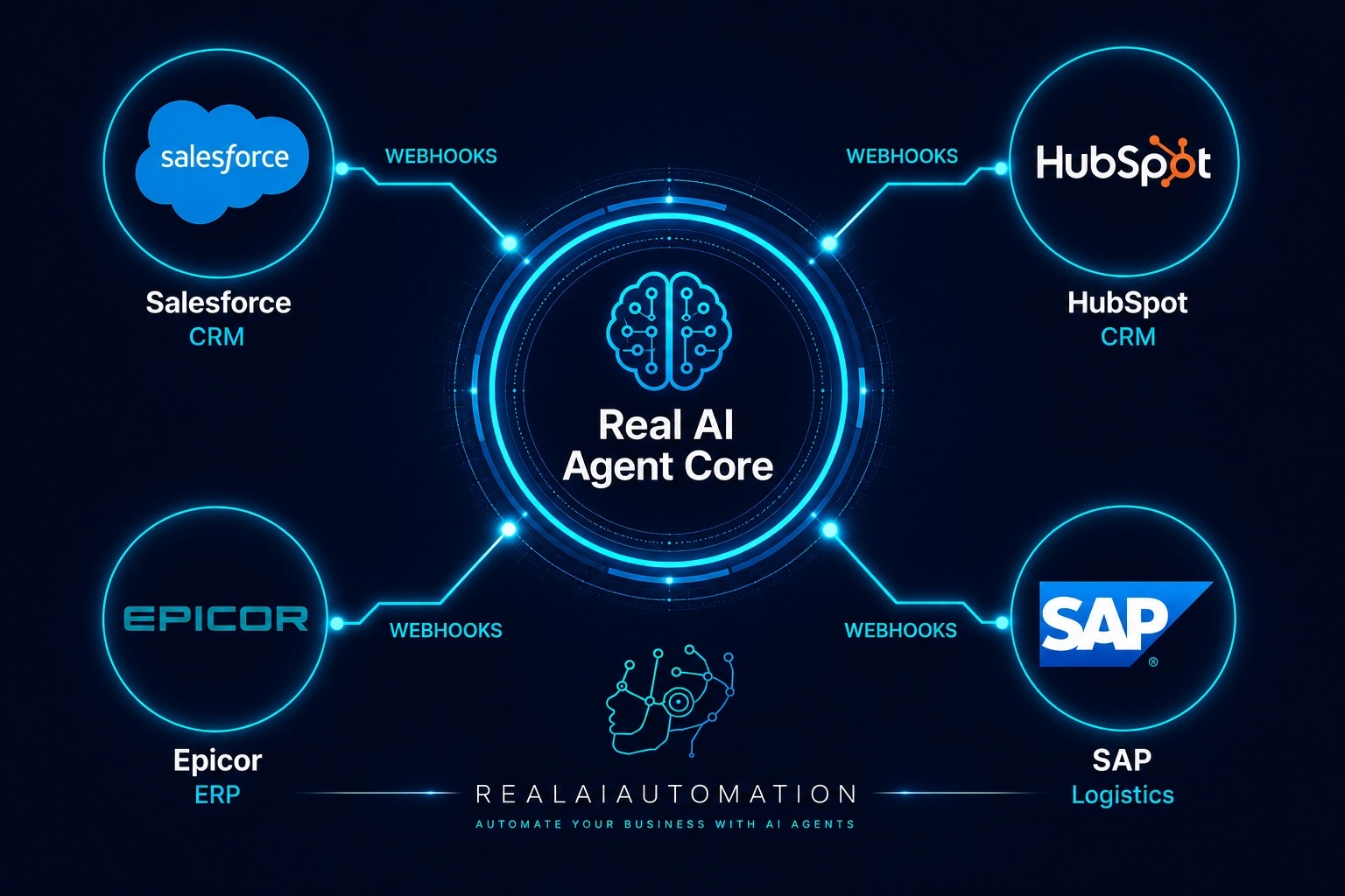 Real AI Agent Core integrating Salesforce CRM, HubSpot CRM, Epicor ERP, SAP Logistics, and enterprise software through secure API webhooks.